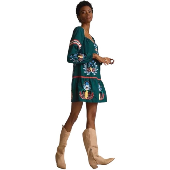 NWT Anthropologie Let Me Be Embroidered Tunic Dress In Green Size M - Picture 1 of 12